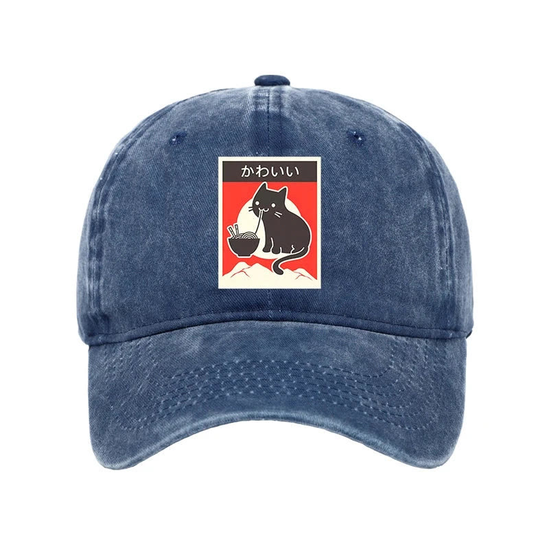 Unisex 100% Cotton Kawaii Vintage Style Japenese Ramen Cat Print Cap - Blue - one size - image 7