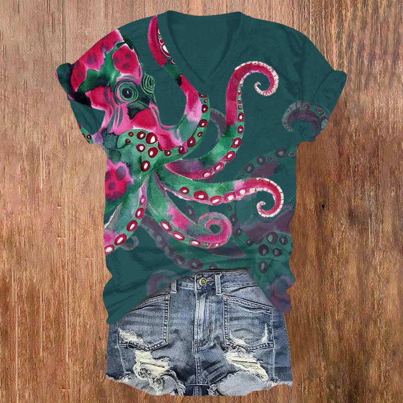 Watercolor Art Octopus Pattern Print Short Sleeved V-neck T-shirt - Army Green - US32-34(5XL) - image 4