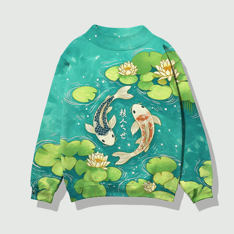 Japanese Koi In The Lotus Pond Pattern Print Mock Neck Sweatshirt - Green - 4XL - image 5