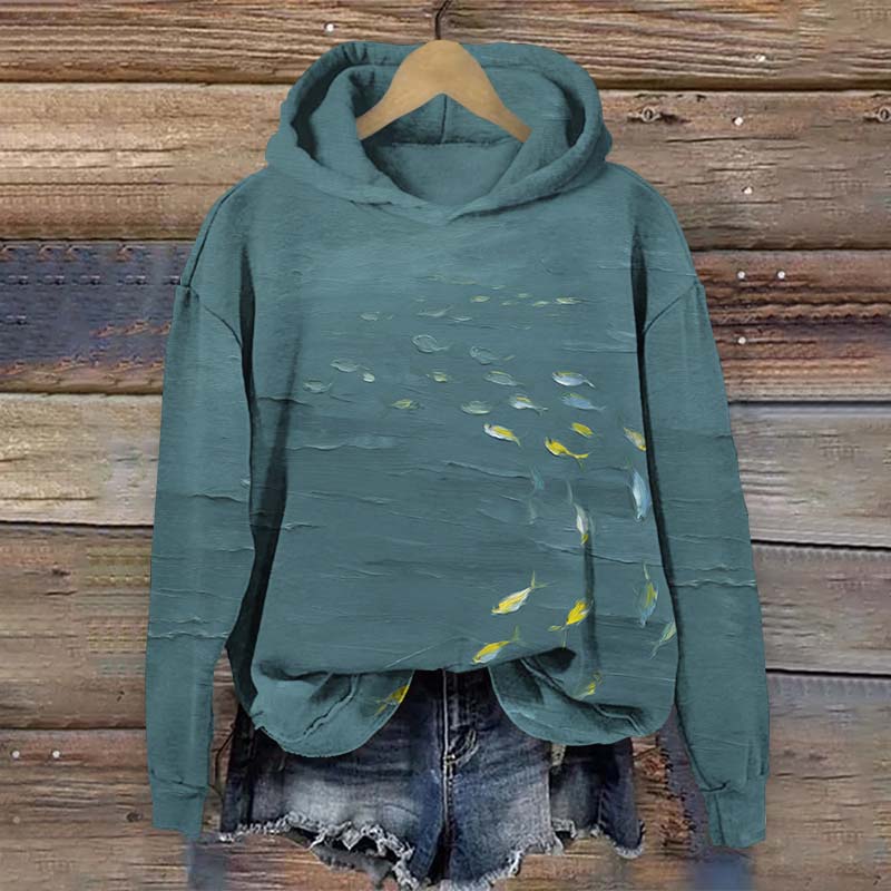 Oil Painting Small Ocean Fish School Art Print Long Sleeve Hoodie - Green - US44-46(8XL) - image 2