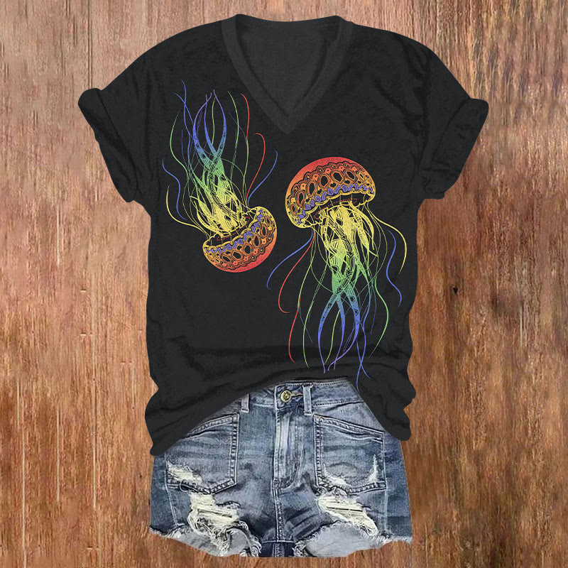 Fantasy Rainbow Jellyfish Art T-shirt - Black - US32-34(5XL) - image 2