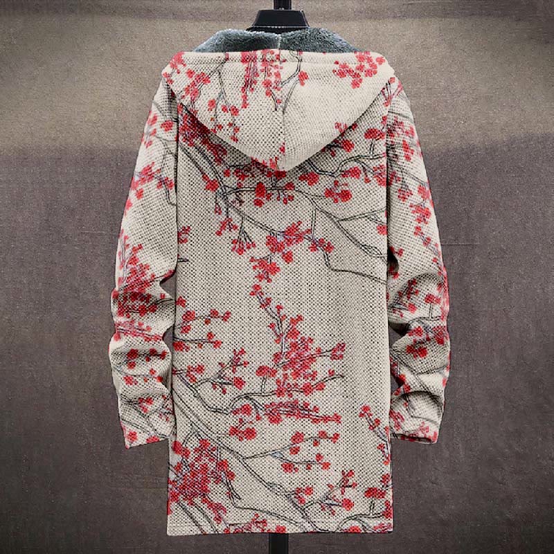 Retro Watercolor Plum Blossom Art Print Unisex Plush Thick Long-sleeved Fleece Jacket Coat - image 3