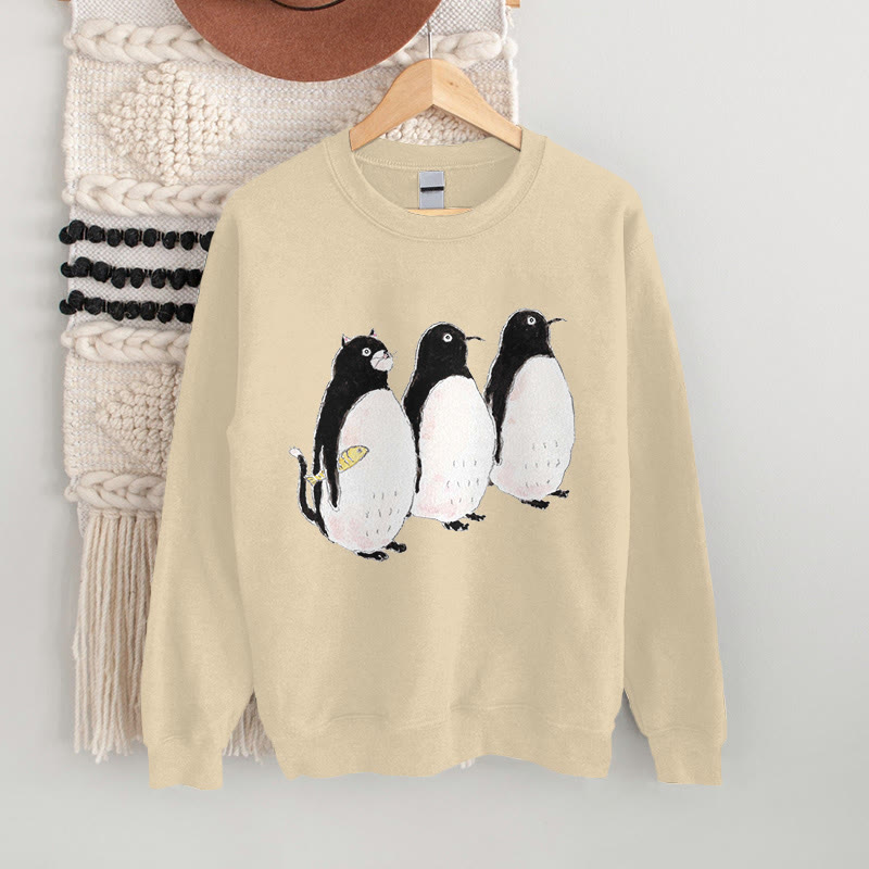 100% Cotton Cute Cosplay Penguin Cat Print Casual Fleece Women's Sweatshirt - Khaki - 2XL - image 3