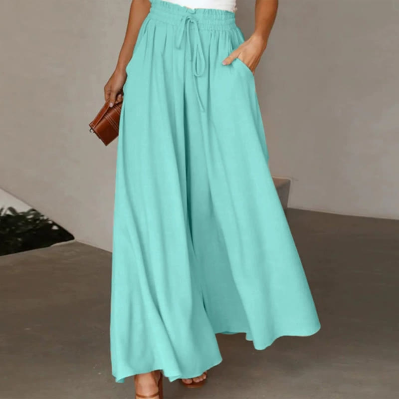 Elegant Solid Elastic Drawstring Waist Pocket Wide Leg Pants - Lake Blue - 2XL - image 7