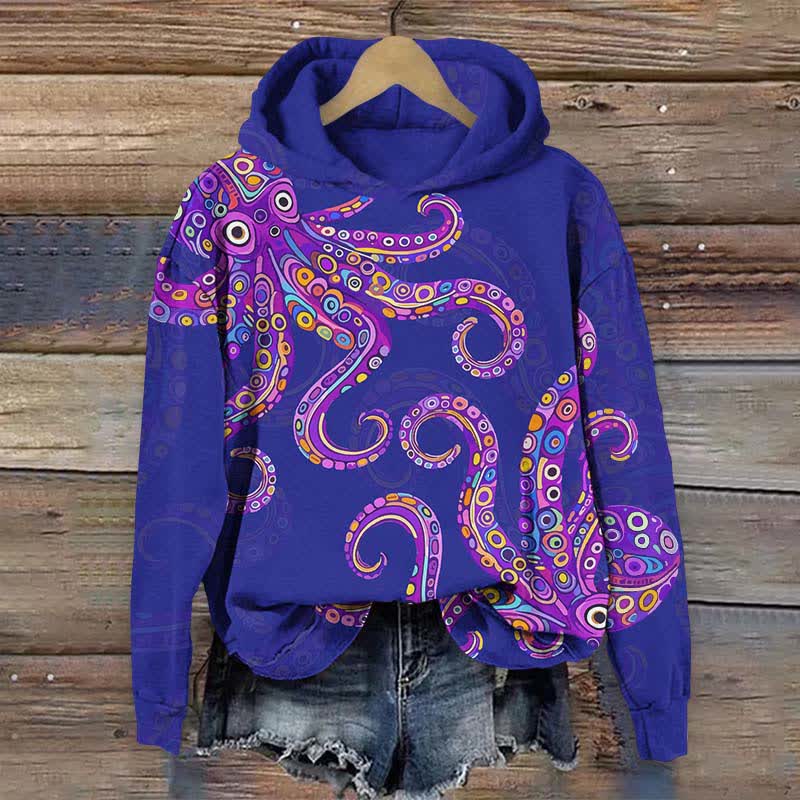 Vintage Funny Geometric Pattern Octopus Print Long Sleeve Hoodie - Blue - US44-46(8XL) - image 3