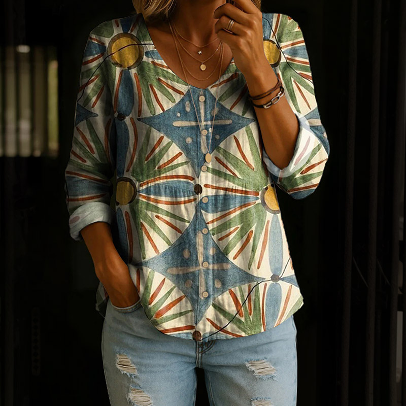 Creative Geometric Floral Art Print Button V-neck A-line Long Sleeve Blouse - Multicolor - 4XL - image 1