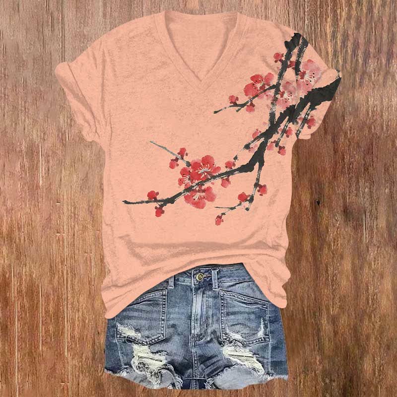 Japanese Art Flower Branches Print V-neck T-shirt - Pink - US32-34(5XL) - image 5