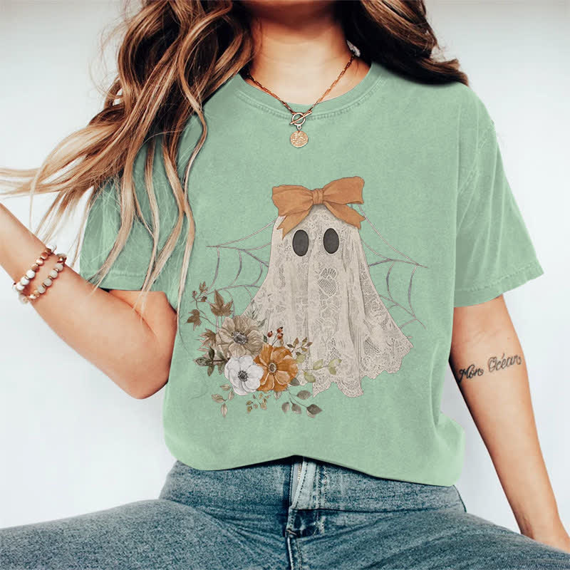 100% Cotton Halloween Funny Floral Bow Ghost Art Print T-shirt - Green - 2XL - image 11