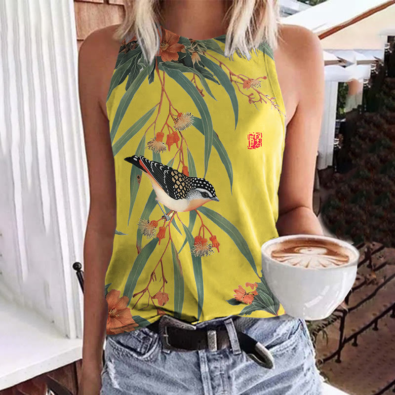 Japanese Vintage Little Bird Pattern Print Crew Neck Tank Top - Yellow - 5XL - image 5