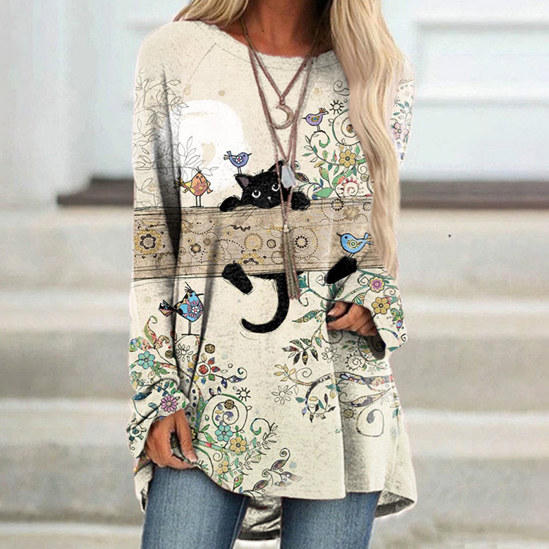 Casual Long Sleeve Floral Cat Print Tunic - Beige - 8XL - image 1