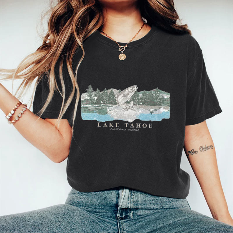 100% Cotton Vintage Lake Tahoe Fish T-shirt - Black - 2XL - image 2