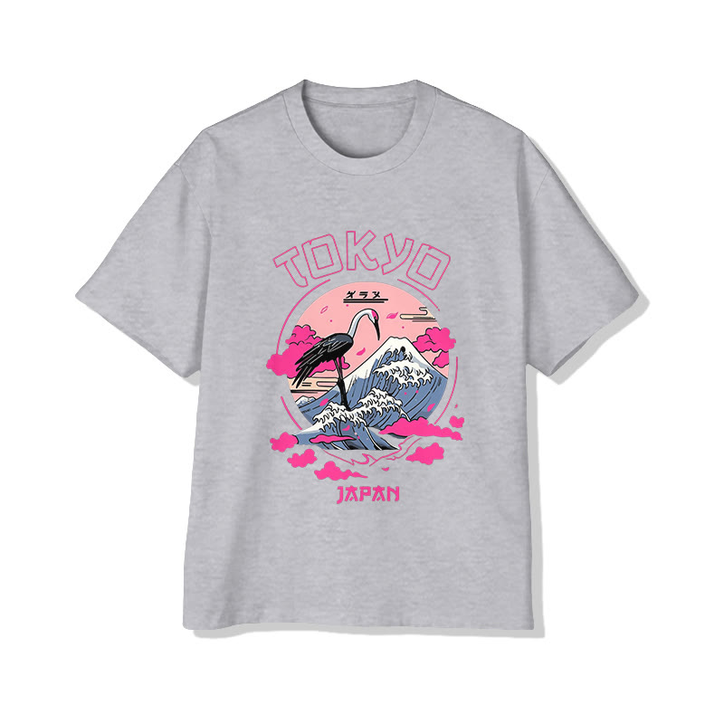 Unisex JDX Janpanese Tokyo Crane Mount Fuji Pattern Art Cotton Print T-Shirt - Grey - US20-22(3XL) - image 4