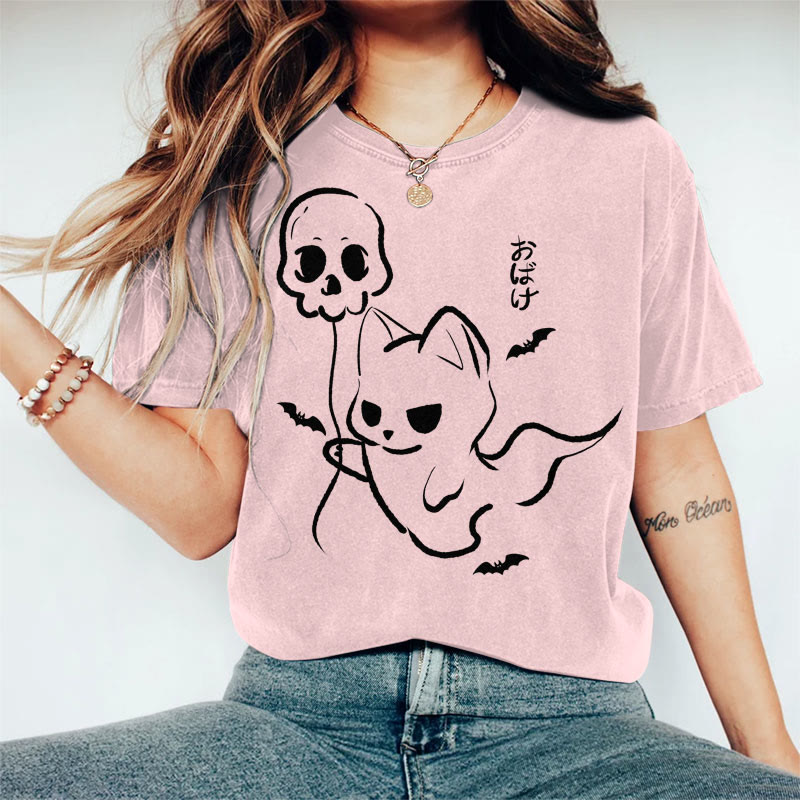 100% Cotton Women's Halloween Cat Holding Ghost Balloon Art Print Casual T-shirt - Pink - 2XL - image 2