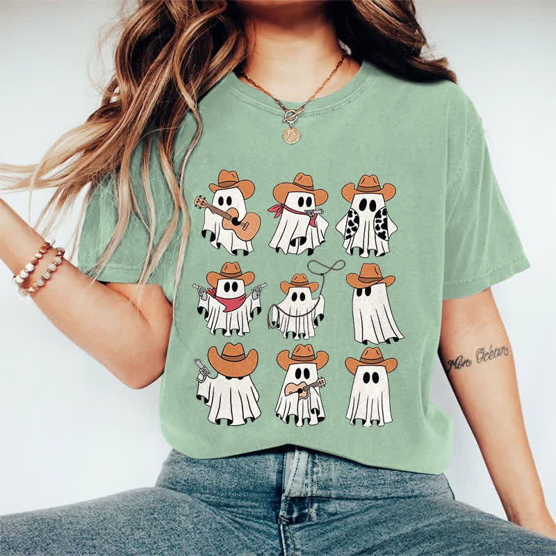 100% Cotton Halloween Funny Cowboy Ghost Art Print T-shirt - Green - 2XL - image 11