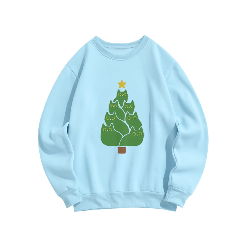 Creative Cat Christmas Tree Print Crew Neck Sweatshirt - Blue - US16-18(2XL) - image 6