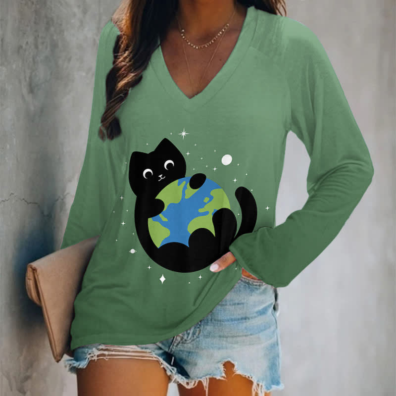 Japanese Lovely Black Cat Holding The Earth Art Print Long Sleeve T-shirt - Ombre Green - 5XL - image 7