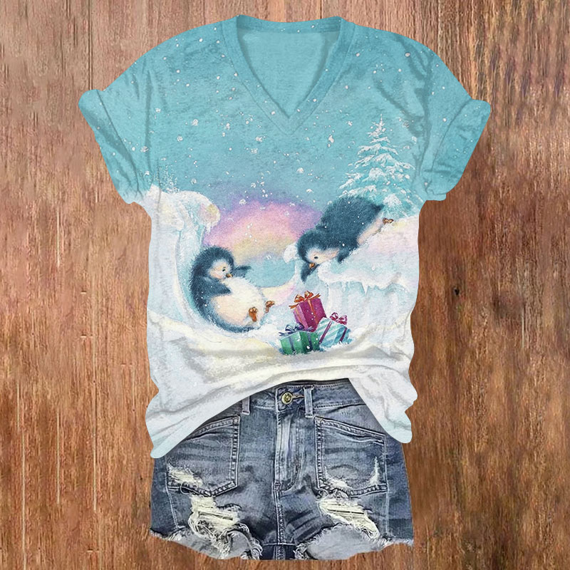 Penguin Looking At Christmas Gifts Print V-neck T-shirt - Blue - US32-34(5XL) - image 3