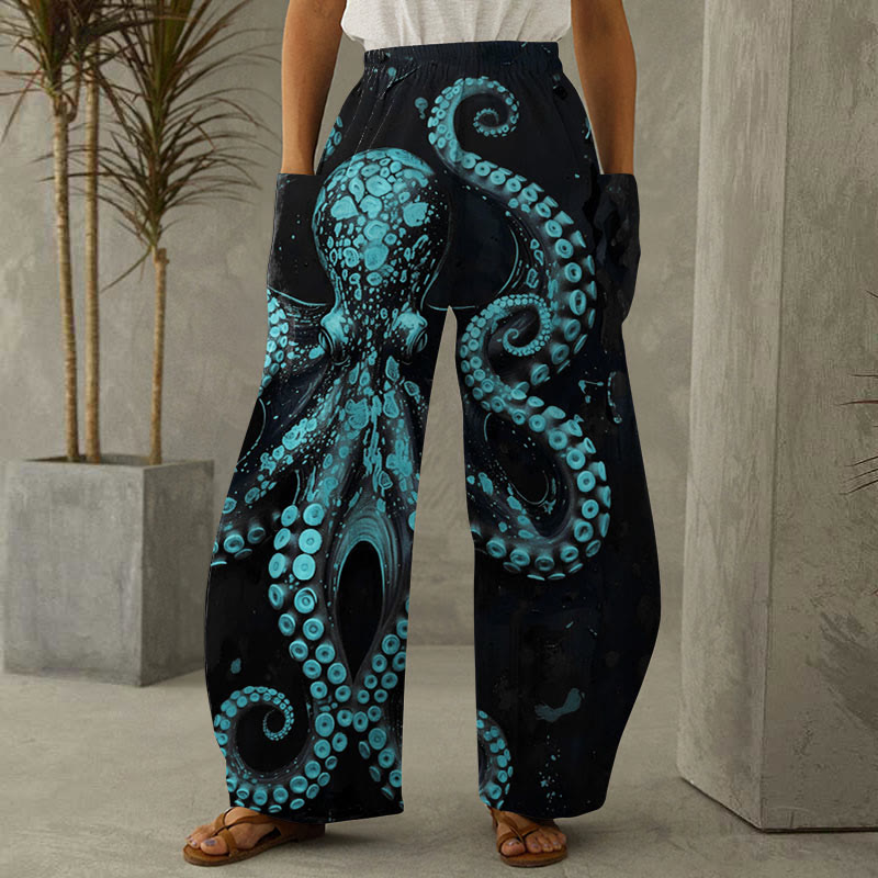 Vintage Octopus Art Print Casual Wide-leg Pants - Light Blue - 6XL - image 3