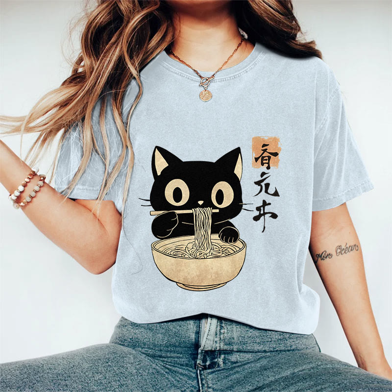 100% Cotton 	 Vintage Japanese Cute Cat Eating Ramen Art Print T-shirt - Blue - US16-18(2XL) - image 6