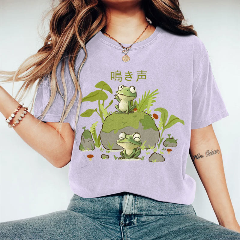 100% Cotton Women's  Japanese Frog On The Stone Art Print Casual T-shirt - Purple - 2XL - image 3