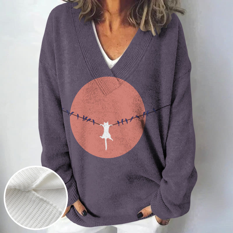 Women's Abstract Creative Dangling Cute Cat Print Causal V-neck Pullover Sweater - Purple - 4XL - image 4