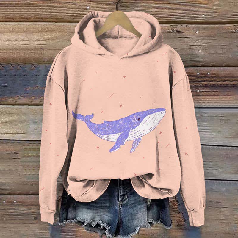 Japanese Lovely Whale In Starry Sky Art Print Long Sleeve Hoodie - Pink - US44-46(8XL) - image 4