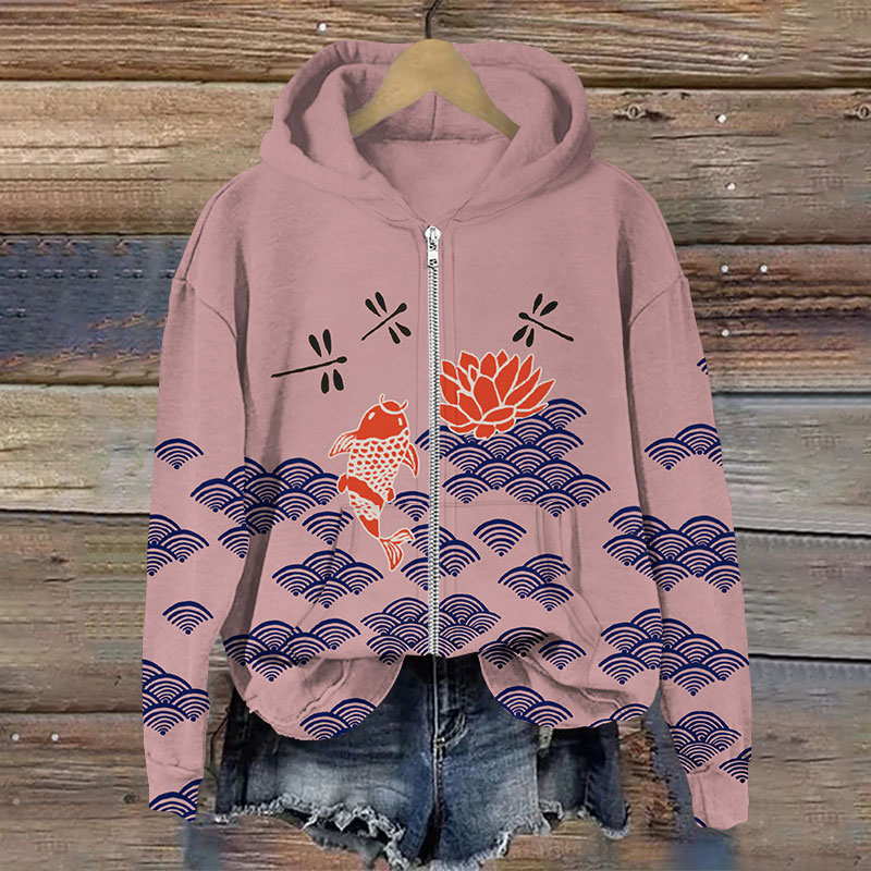 Japanese Style Koi Fish Dragonfly Wave Print Long Sleeve Zipper Hoodie - Pink - US28-30(4XL) - image 6