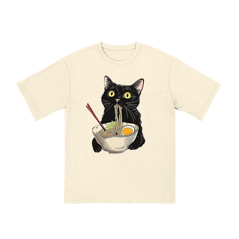 Unisex 100% Cotton Cat Eating Ramen Print T-shirt - Apricot - US20-22(3XL) - image 4