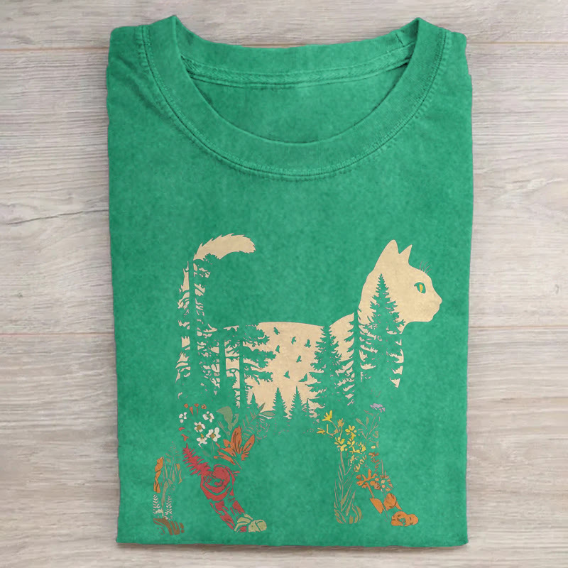 Unisex Forest Cat Silhouette Art Print Acid Washed T-shirt - Green - US20-22(3XL) - image 3