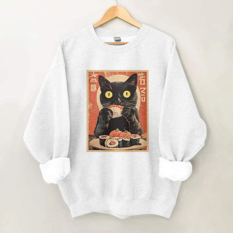 100% Cotton Cat Sushi Lover Print Round Neck Casual Fleece Sweatshirt - White - 2XL - image 3
