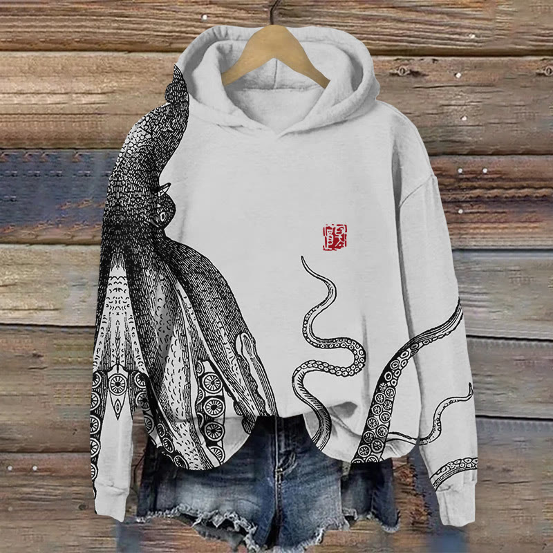 Japanese Art Octopus And Crab Print Long Sleeve Hoodie - Grey - 8XL - image 2