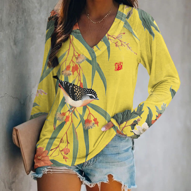 Japanese Vintage Little Bird Pattern Print v-neck Long Sleeve T-shirt - Yellow - US 24 (5XL) - image 4