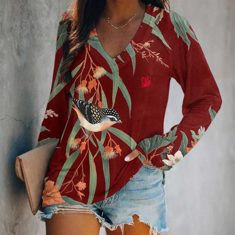 Japanese Vintage Little Bird Pattern Print v-neck Long Sleeve T-shirt - Red - US 24 (5XL) - image 3