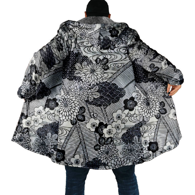 Retro Sketch Drawing Floral Art Print Unisex Plush Thick Long-sleeved Fleece Jacket Coat - image 4