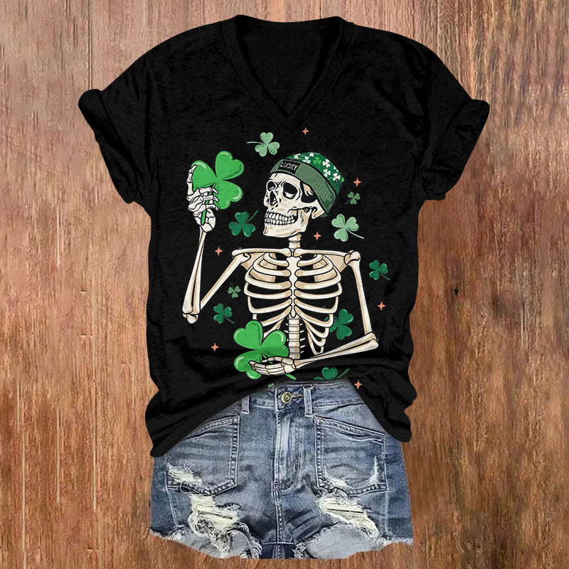 St. Patrick's Day Lucky Skeleton Pattern Short Sleeved V-Neck T-Shirt - Black - US32-34(5XL) - image 4