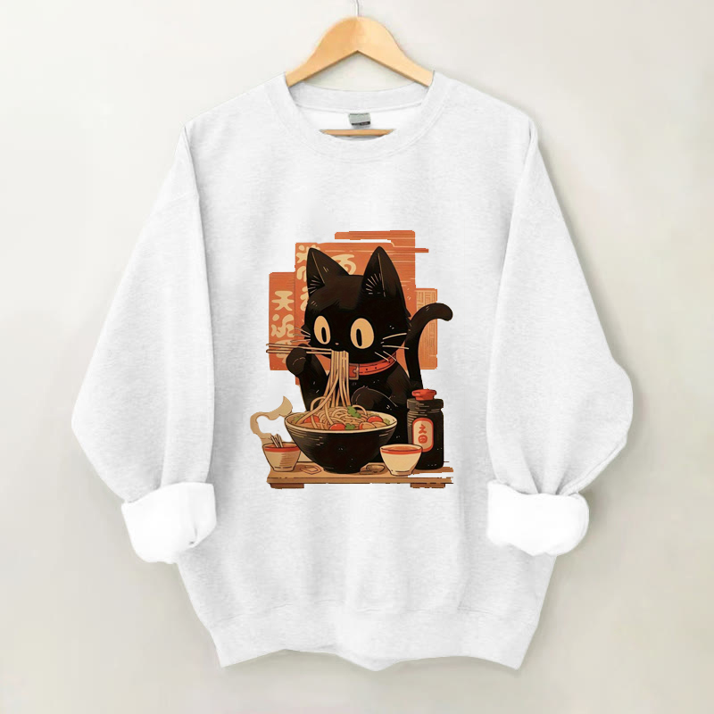 100% Cotton Japanese Ramen Cat Print Crew Neck Sweatshirt - White - 2XL - image 2