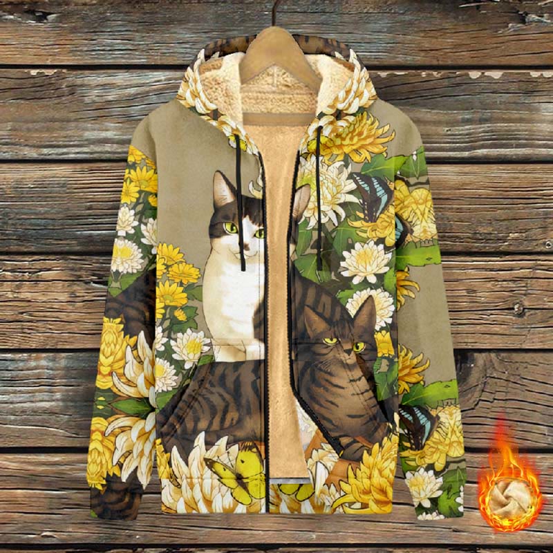 Women's Vintage Chrysanthemum Surround Couple Cats Print Fleece Jacket - image 2