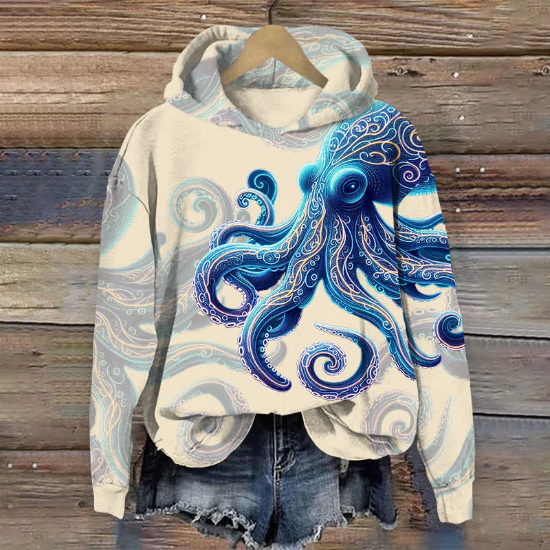 Vintage Wise Ocean Octopus Print Long Sleeve Hoodie - Apricot - 8XL - image 4