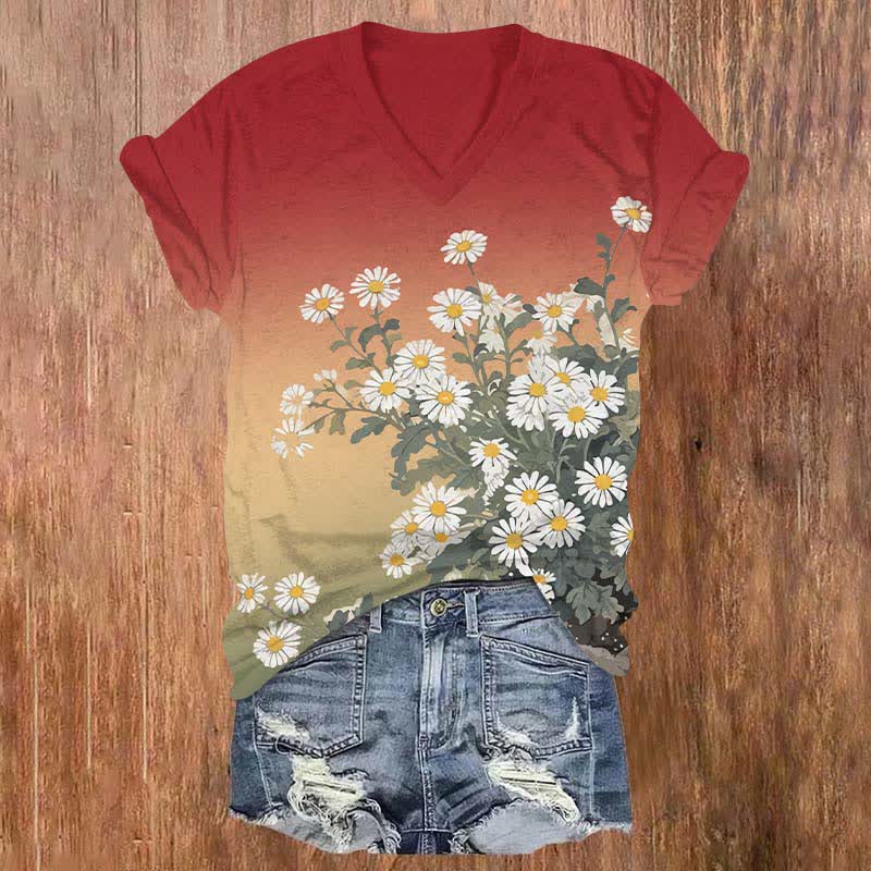Japanese Lovely Daisy Art Print V-neck T-shirt - Red - US32-34(5XL) - image 5