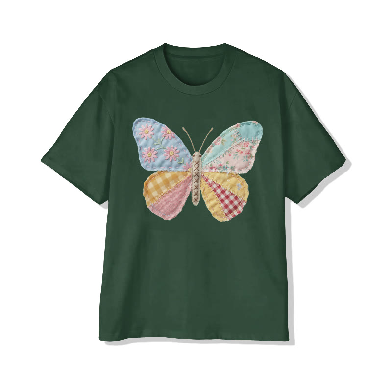  Pastoral Butterfly Floral Pattern Print Pattern Cotton Print T-shirt - Green - US16-18(2XL) - image 11