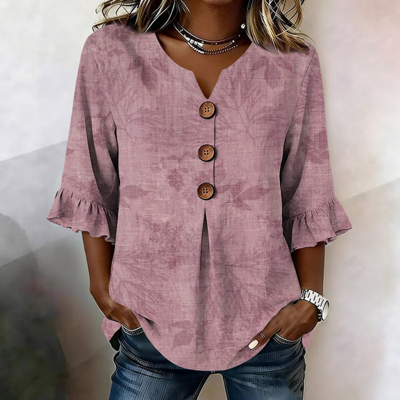 Pink Plant Silhouettes Breast Cancer Awareness Pattern Print Button V-Neck Blouse With Ruffle Sleeves