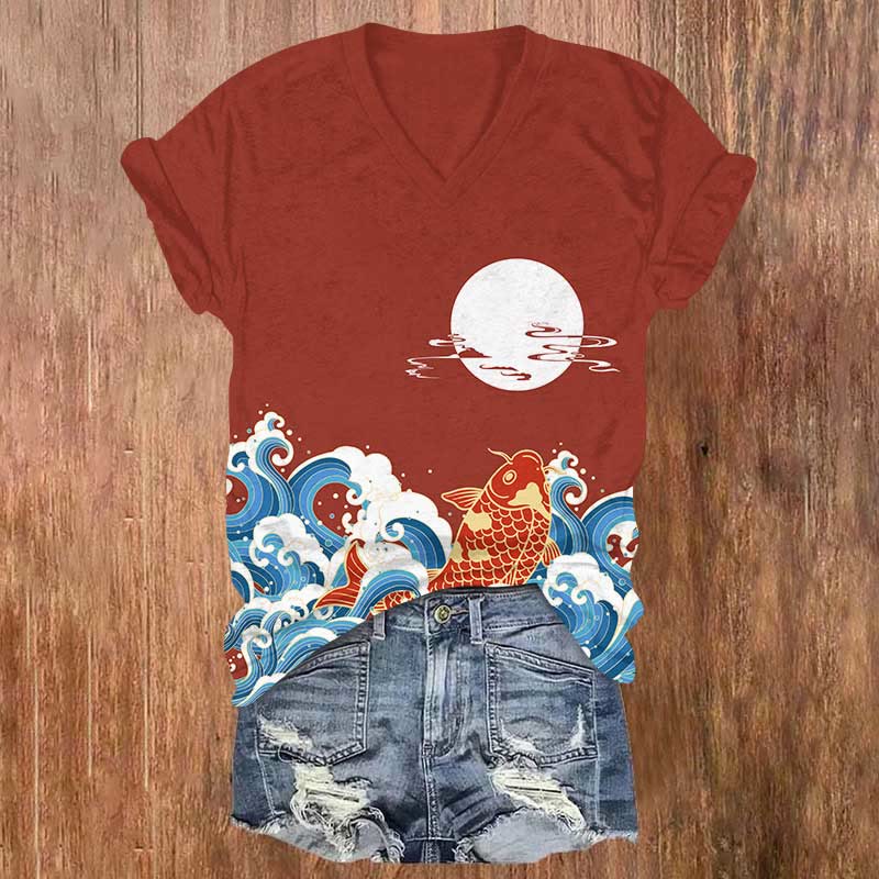 Japanese Vintage Koi In The Ocean Wave Print V-neck T-shirt - Red - US32-34(5XL) - image 2