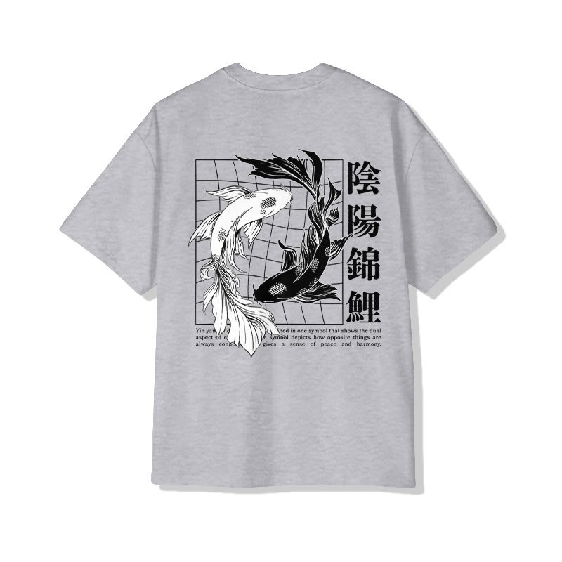 Unisex Ying Yang Koi  Print Short-Sleeve Crew Neck T-Shirt - Grey - 2XL - image 5