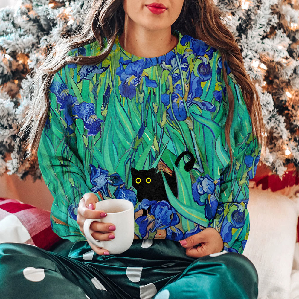 Funny Irises Cat Art Print Crew Neck Sweatshirt
