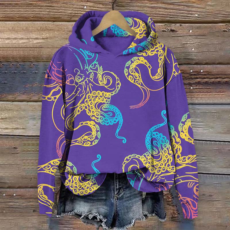 Japanese Abstract Color Painting Octopus Print Long Sleeve Hoodie - Purple - US44-46(8XL) - image 3