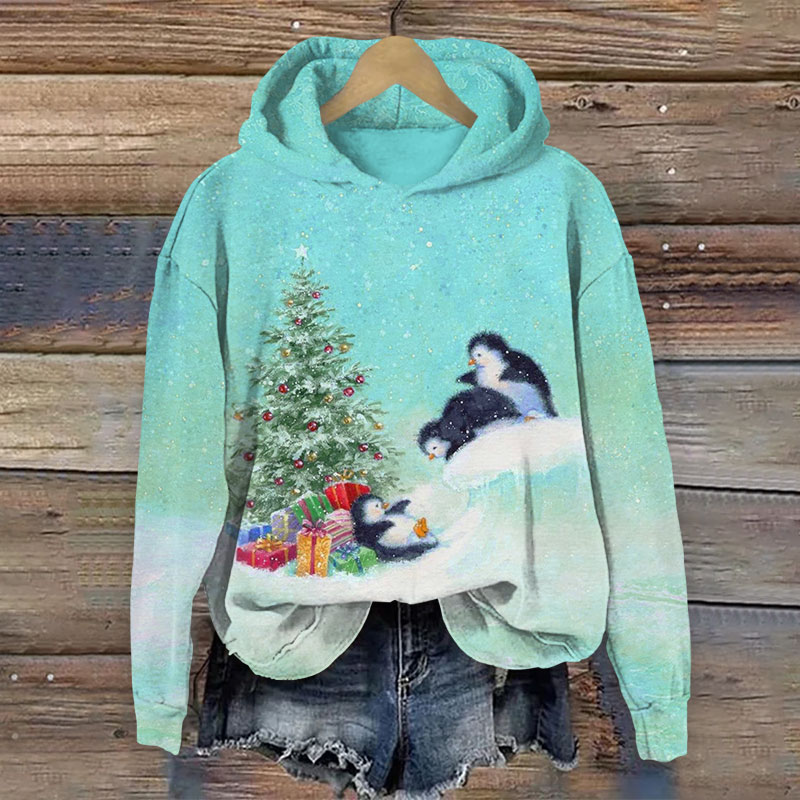 Cute Baby Penguins Playing Under Christmas Tree Print Long Sleeve Hoodie - Green - US44-46(8XL) - image 3