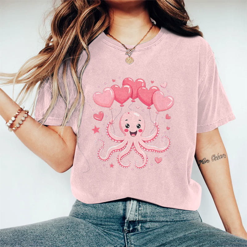 100% Cotton Valentine's Day Octopus Heart T-shirt - Pink - 2XL - image 7