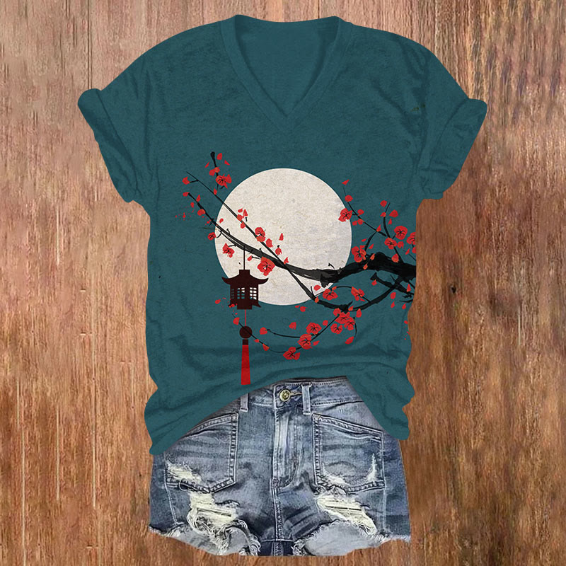 Japanese Sun & Lantern On Plum Blossom Art Print V-neck T-shirt - Dark Green - US32-34(5XL) - image 6