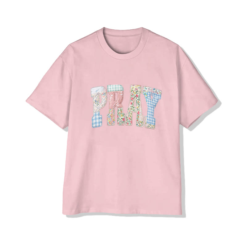 Vintage Floral Pray Christian Pattern Print Short Sleeved Round Neck Cotton T-shirt - Pink - US28-30(4XL) - image 9