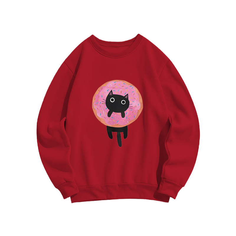 Funny Donut Cat Print Crew Neck Sweatshirt - Red - US16-18(2XL) - image 8